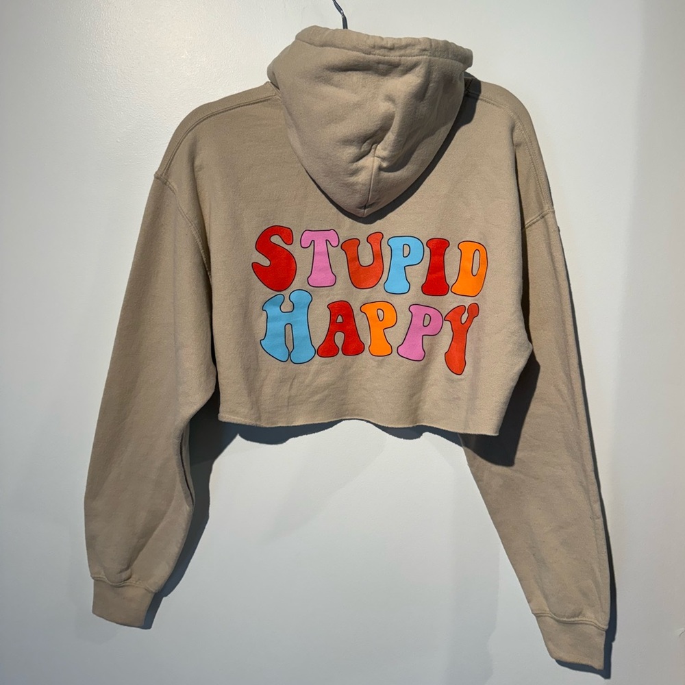 🪩🍾🤙🏼 Cropped Hoodie “Stupid Happy” Women’s size small - great used condition!!